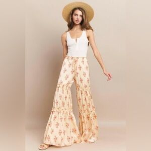 Elegant Floral Wide-Leg satin tiered pants